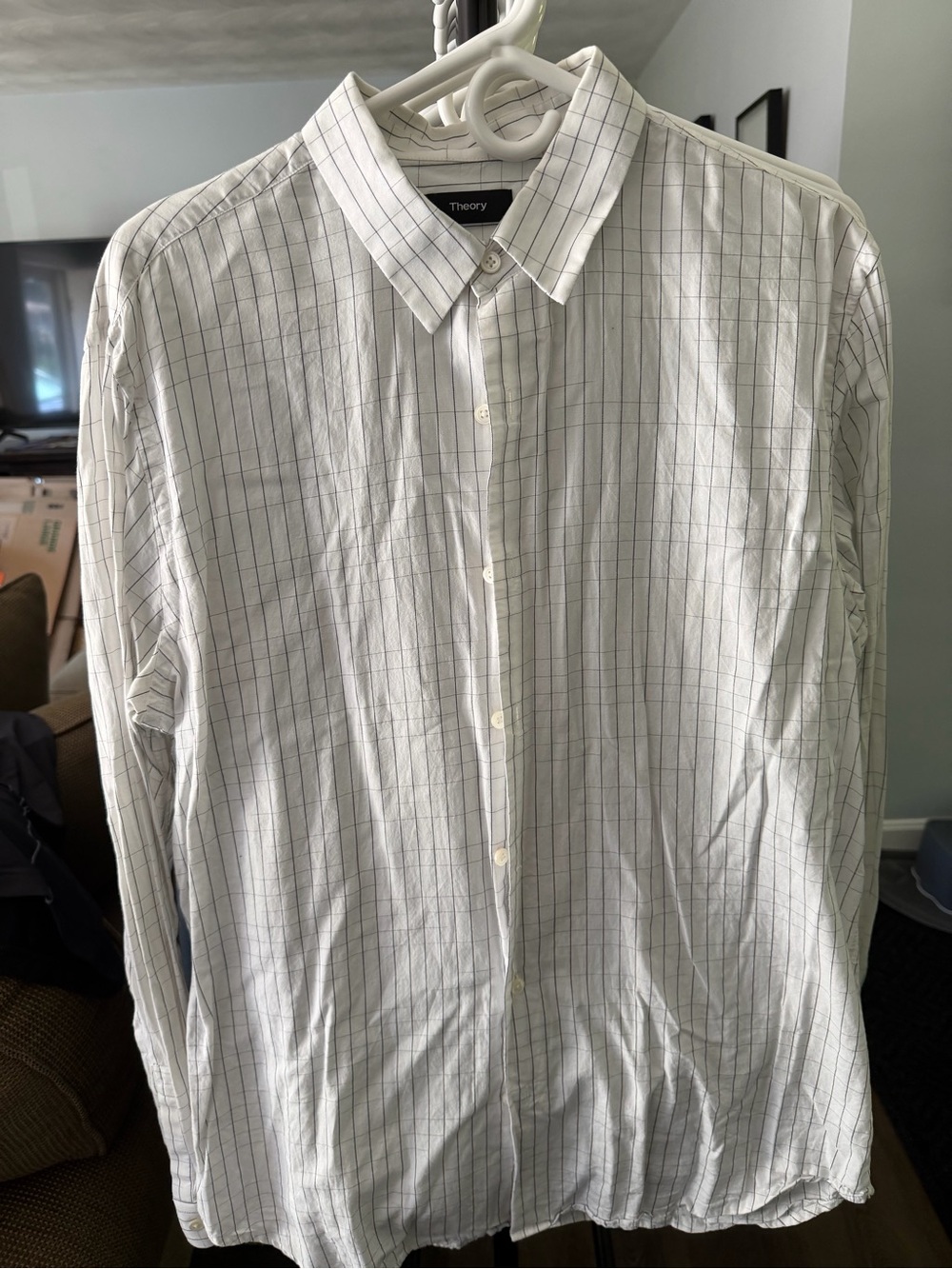 Theory White Button-Up Shirt with Navy Grid